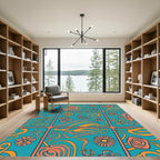Retro Teal Orange Floral Swirl Rug