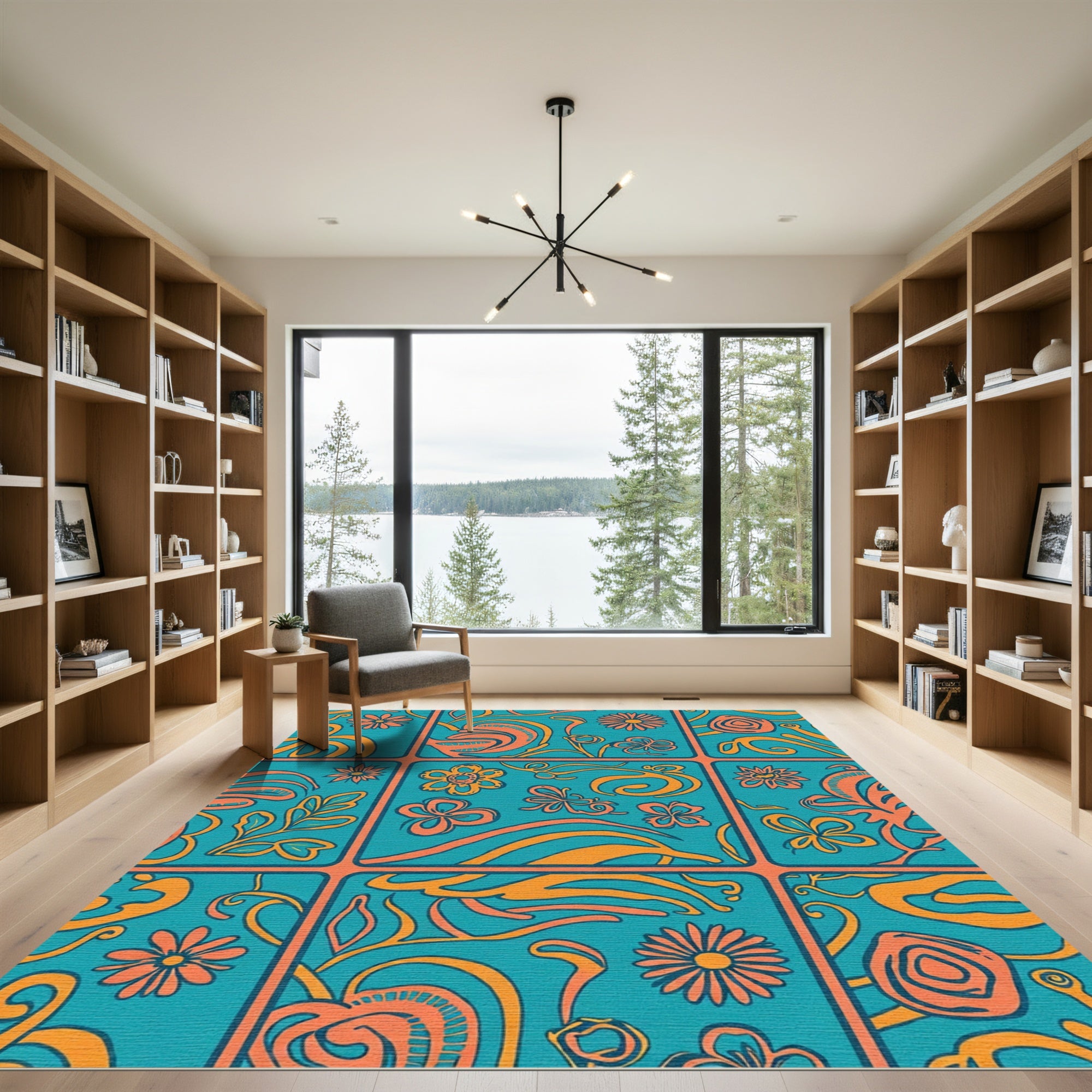 Retro Teal Orange Floral Swirl Rug