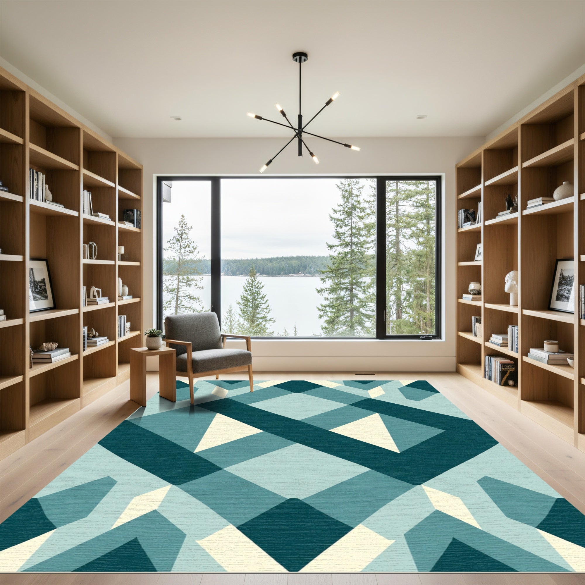 Teal Beige Geometric Diamond Weave Rug