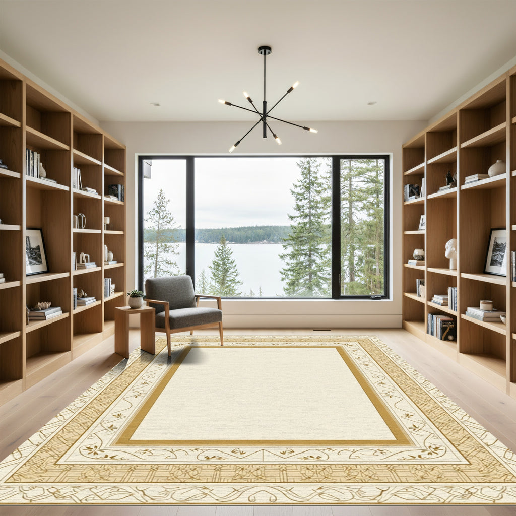 Golden Beige Ornate Linear Border Rug