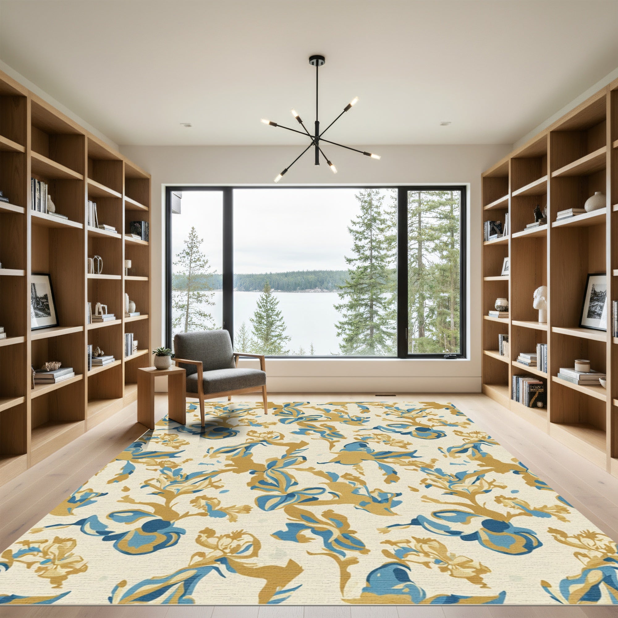 Abstract Blue Gold Floral Botanical Rug