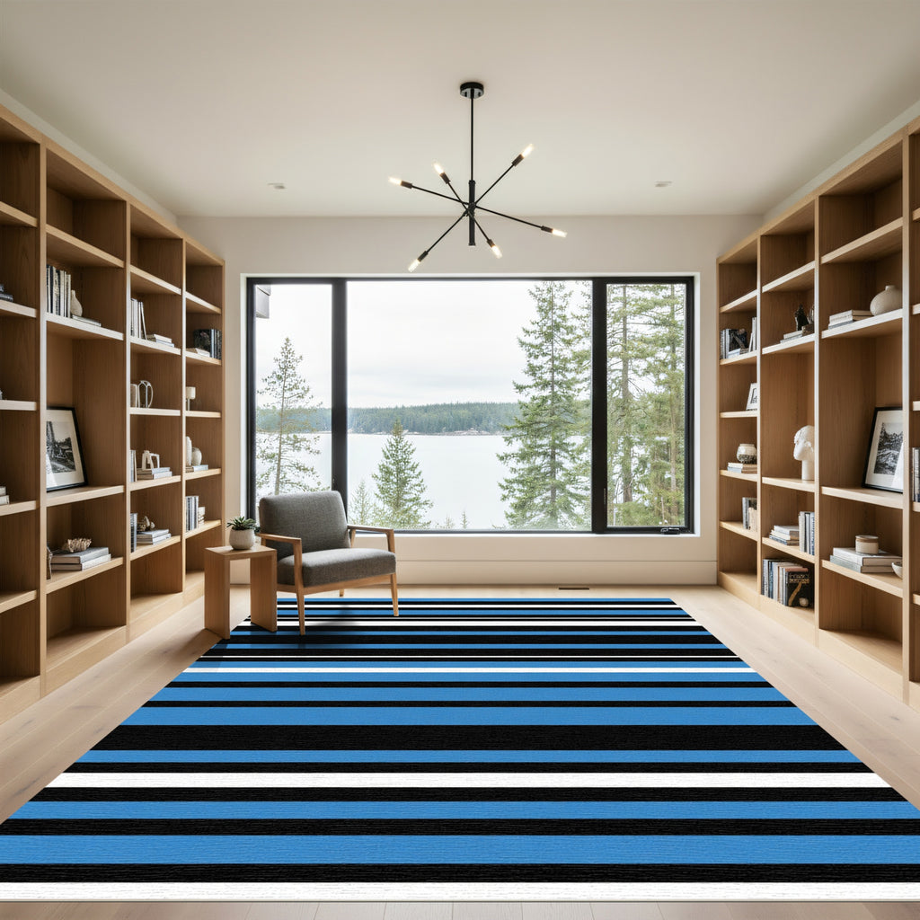 Bold Blue Black White Stripe Rug