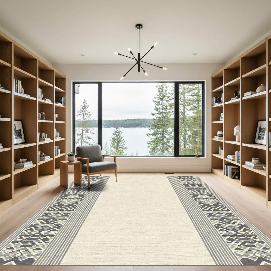 Geometric Gray Diamond Stripe Border Rug