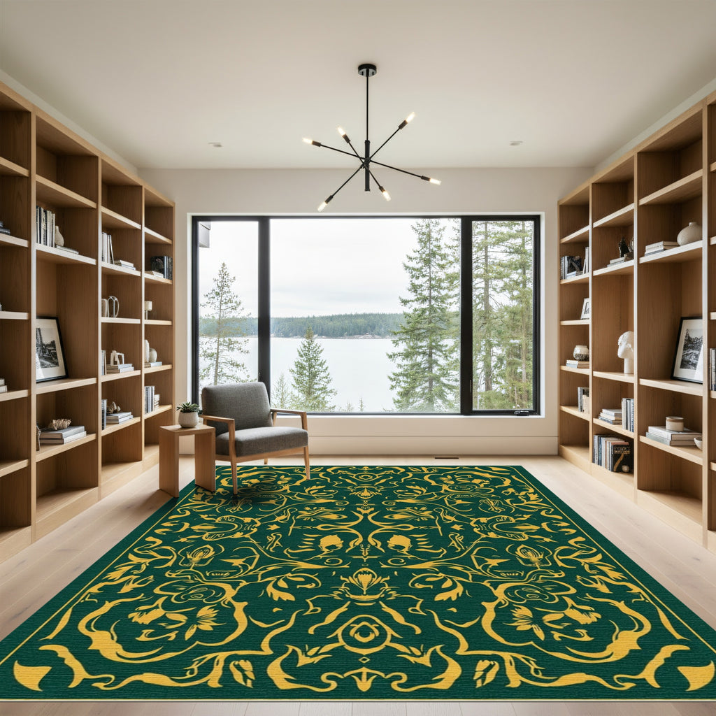 Deep Green Golden Floral Symmetry Rug