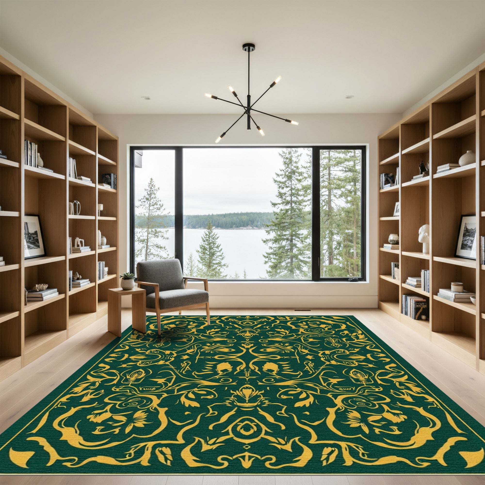 Deep Green Golden Floral Symmetry Rug