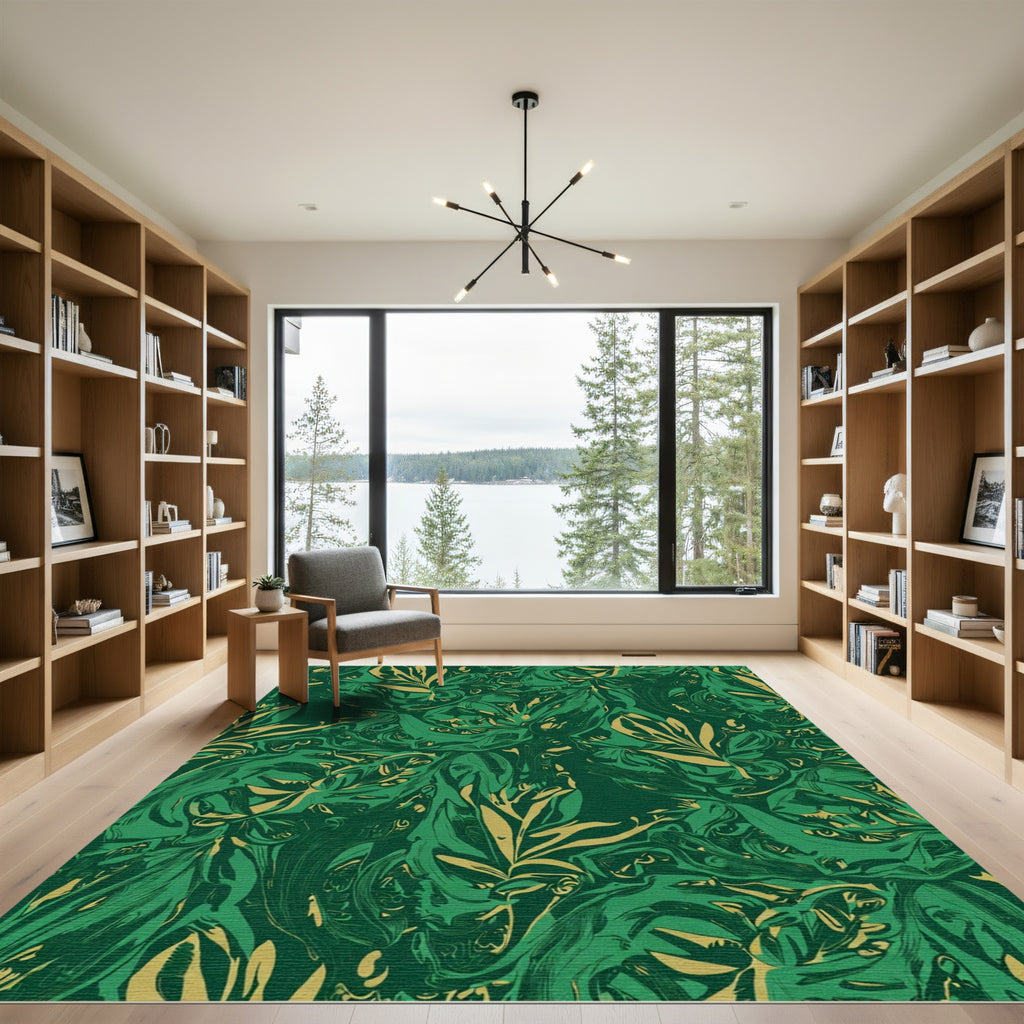 Deep Emerald Swirling Leaf Collage Rug