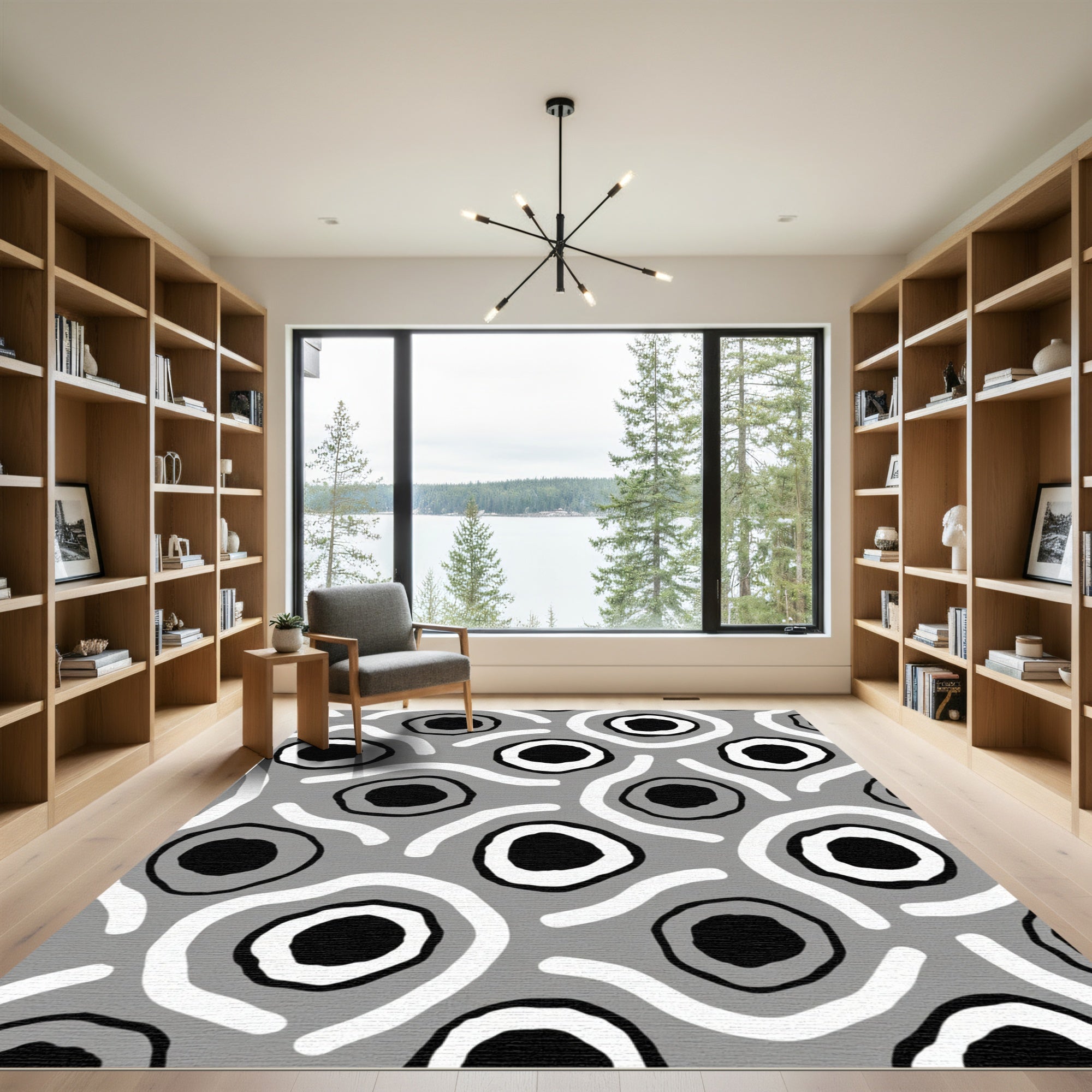 Gray Abstract Circles and Waves Rug