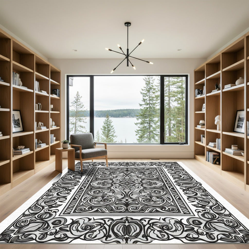 Monochromatic Floral Arabesque Frame Rug