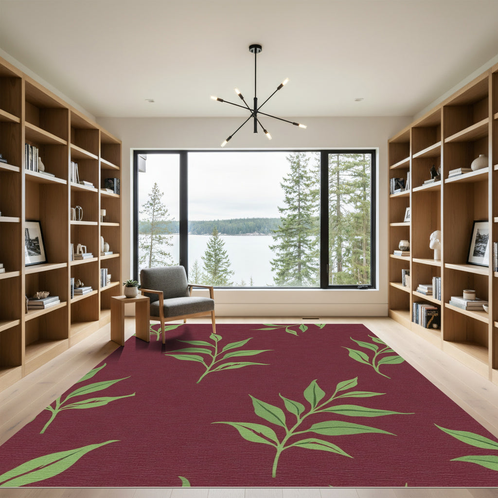 Deep Burgundy Green Leaf Branches Rug