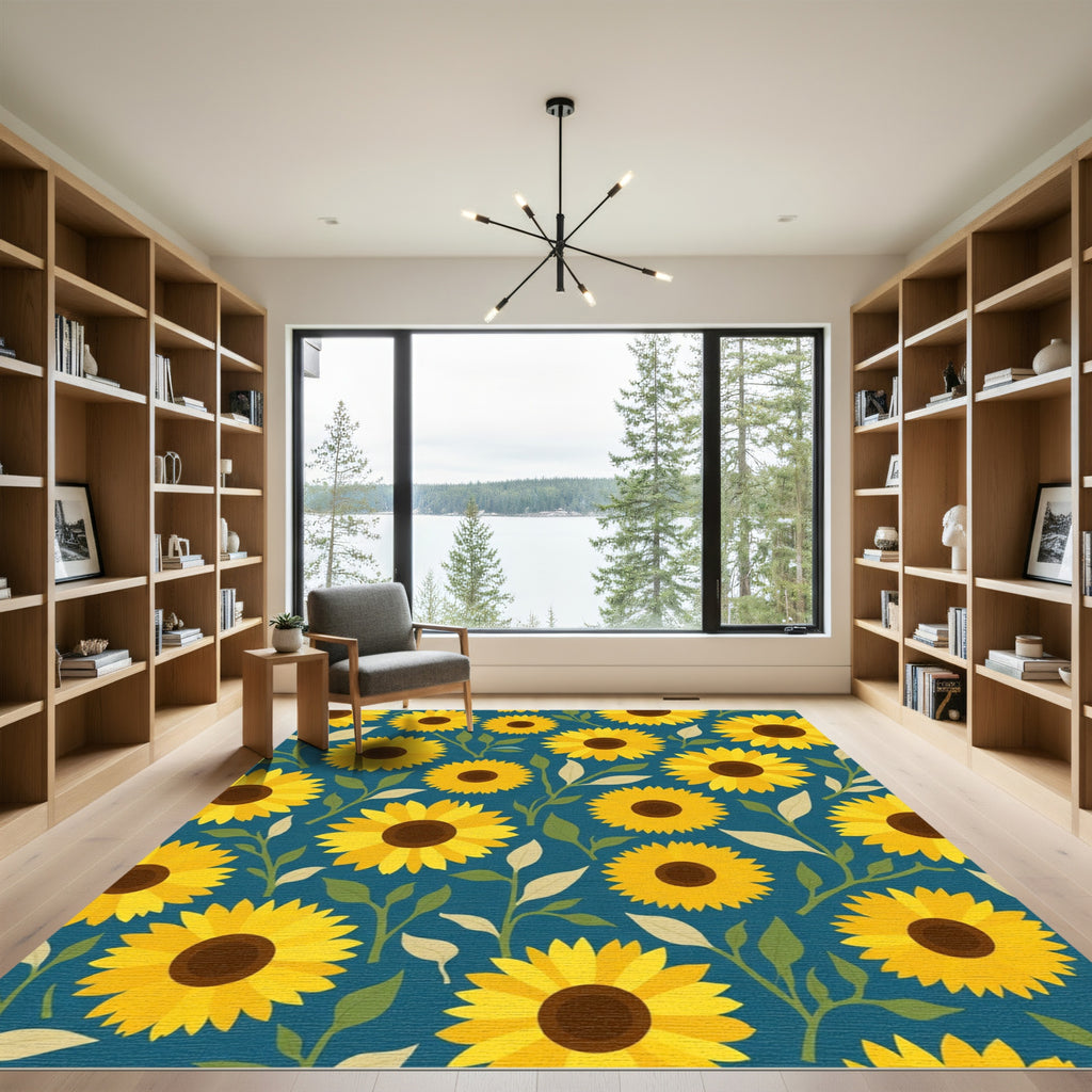 Golden Sunflower Garden Teal Rug