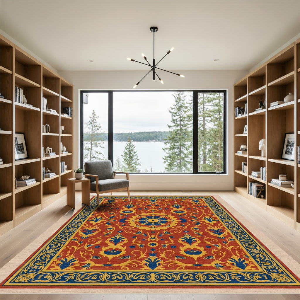 Crimson Blue Yellow Floral Medallion Border Rug