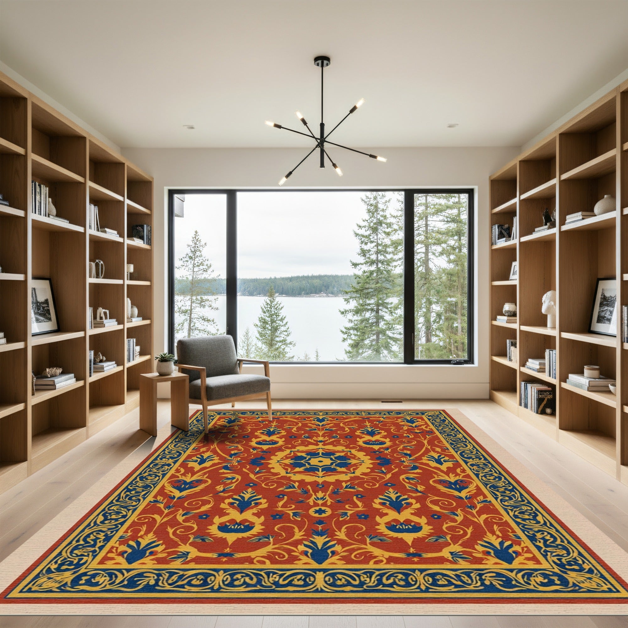 Crimson Blue Yellow Floral Medallion Border Rug