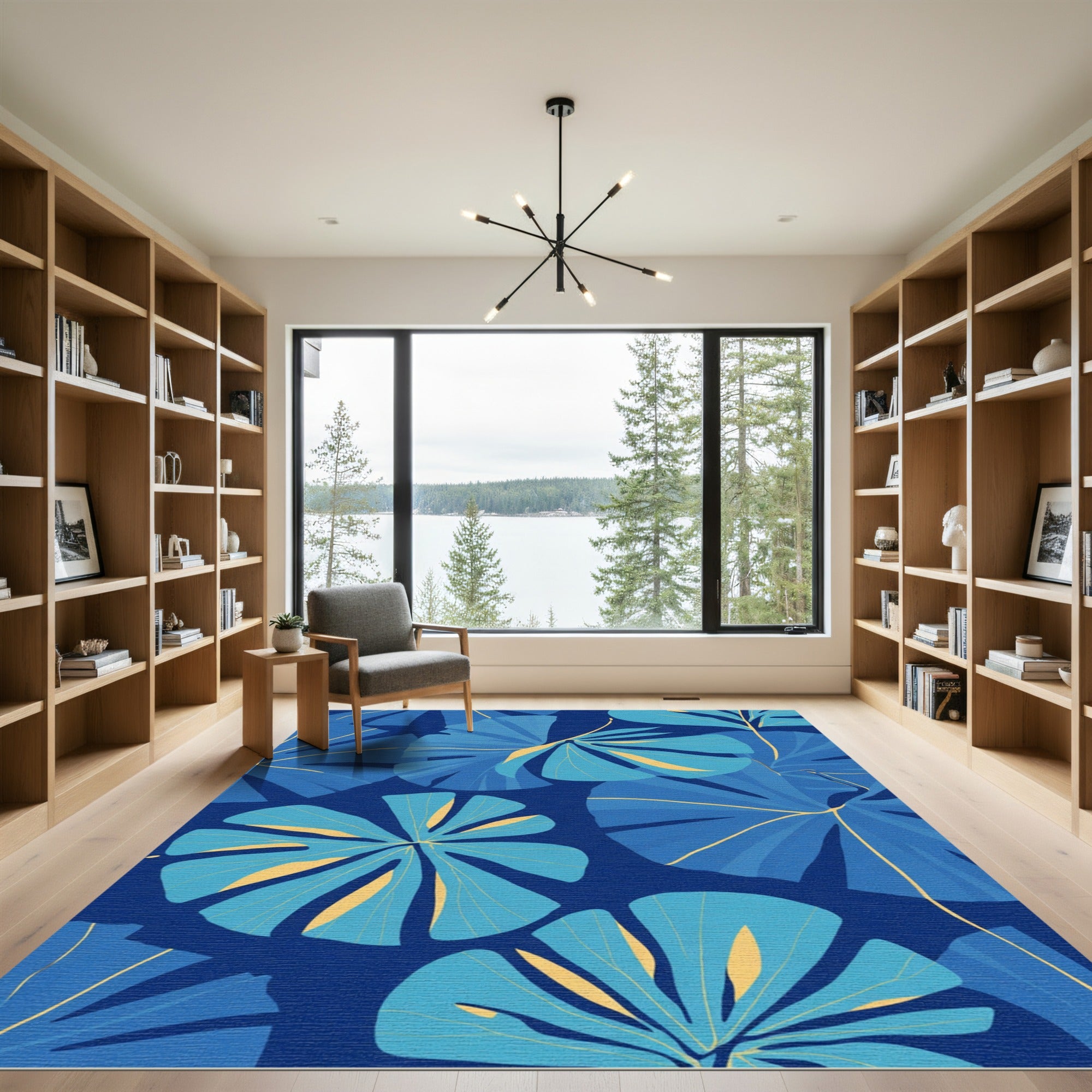 Deep Blue Tropical Leaf Art Rug