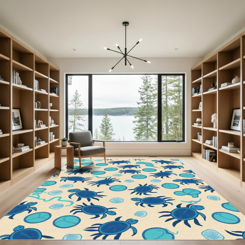 Whimsical Blue Turtle Ocean Circles Rug