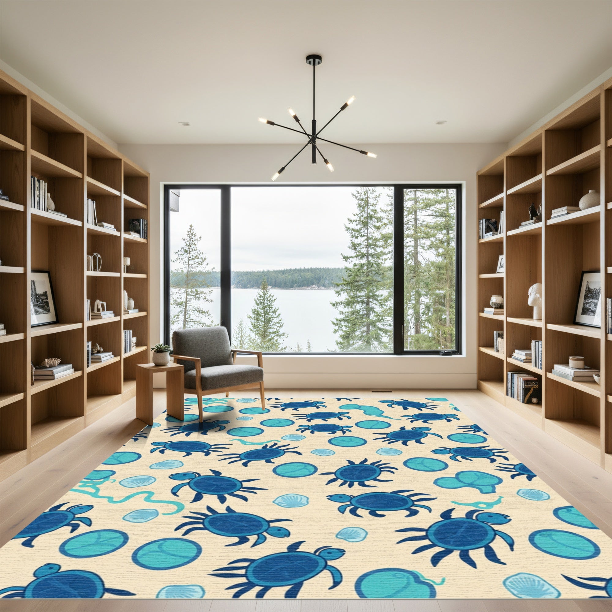 Whimsical Blue Turtle Ocean Circles Rug