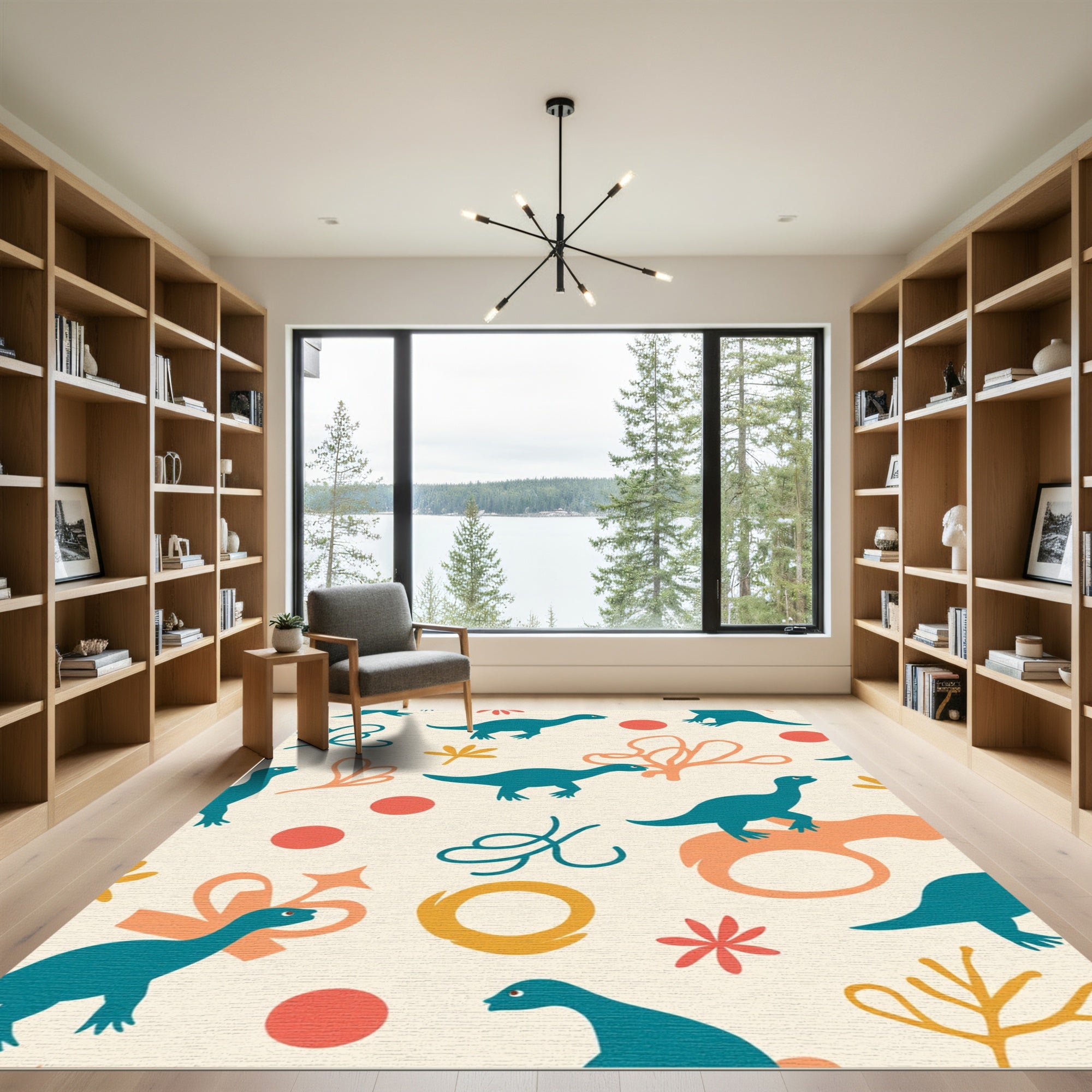 Teal Dinosaurs Orange Curvy Shapes Rug