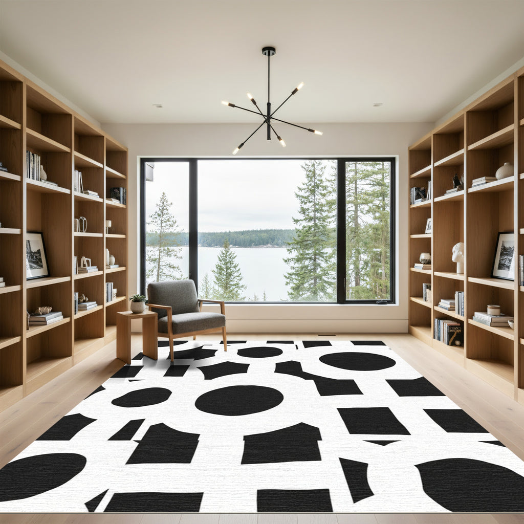 Monochrome Abstract Circle Square Connection Rug