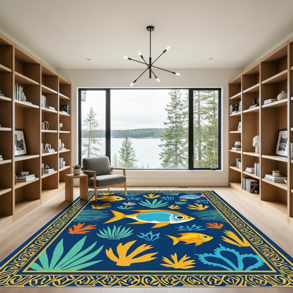 Navy Blue Tropical Fish Aquatic Scene Rug