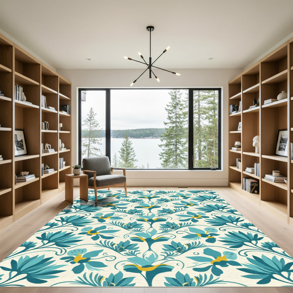 Teal Botanical Medallion Cream Rug