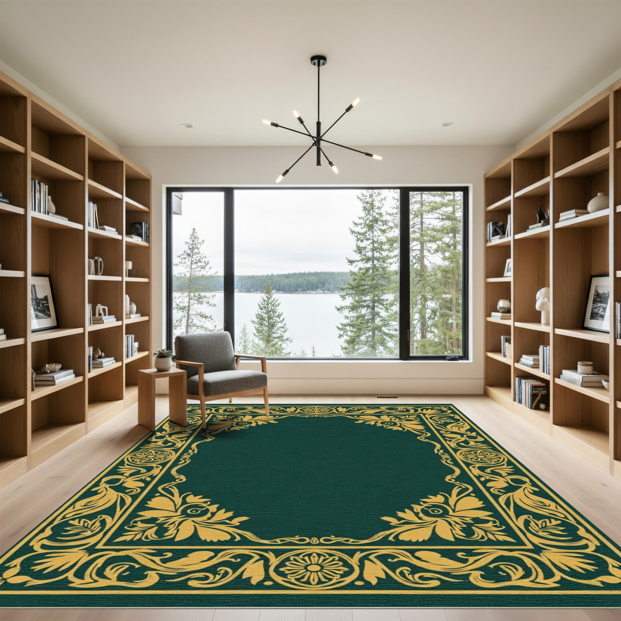 Emerald Green Golden Floral Border Rug