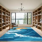 Surfer Riding Giant Orange Sun Wave Rug
