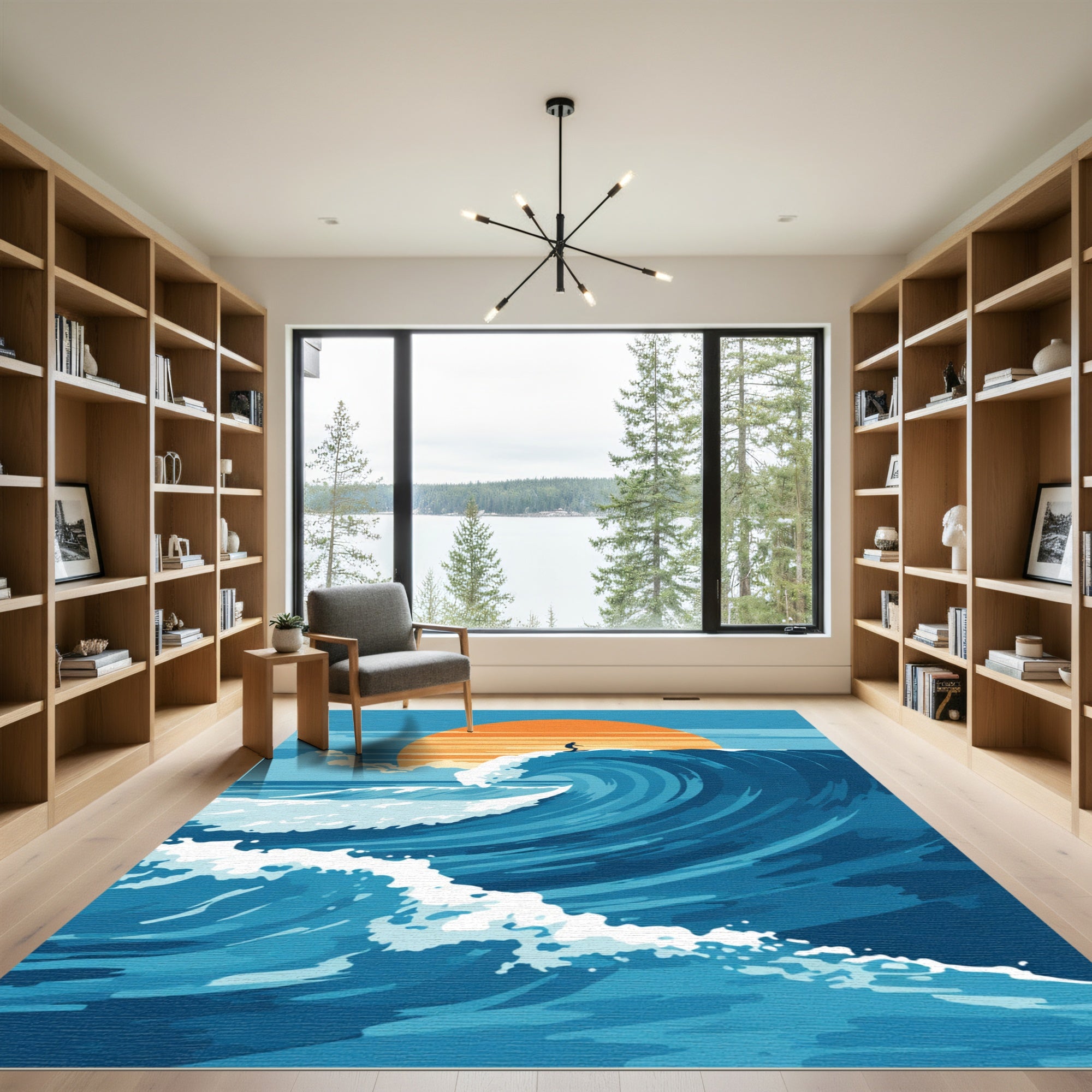 Surfer Riding Giant Orange Sun Wave Rug