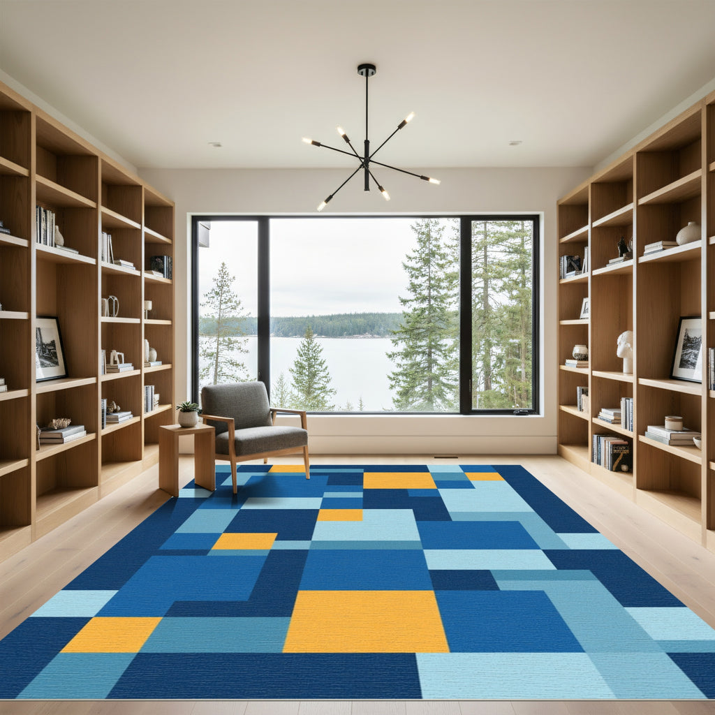 Abstract Geometric Blue Gold Squares Rug
