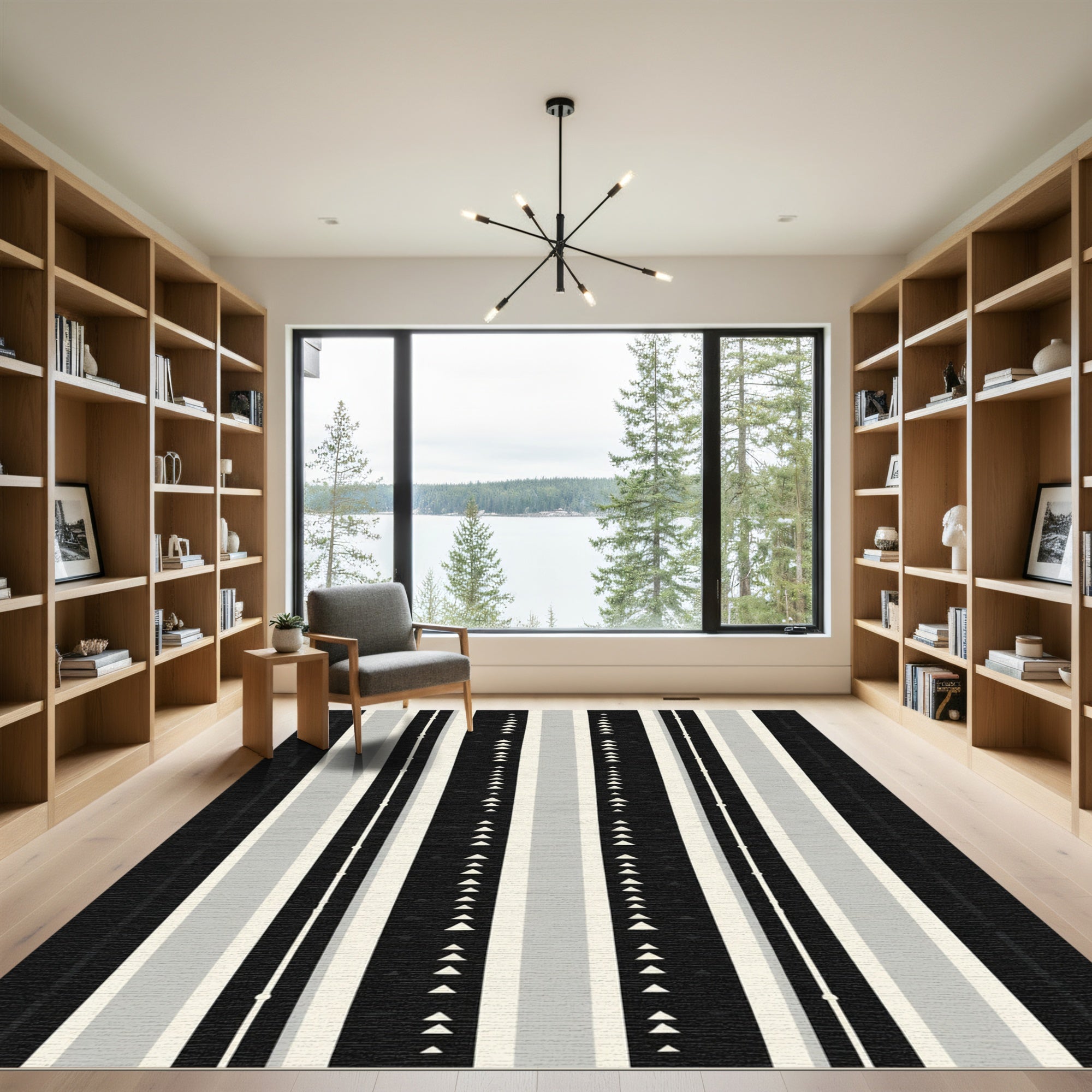 Black White Gray Striped Triangle Rug