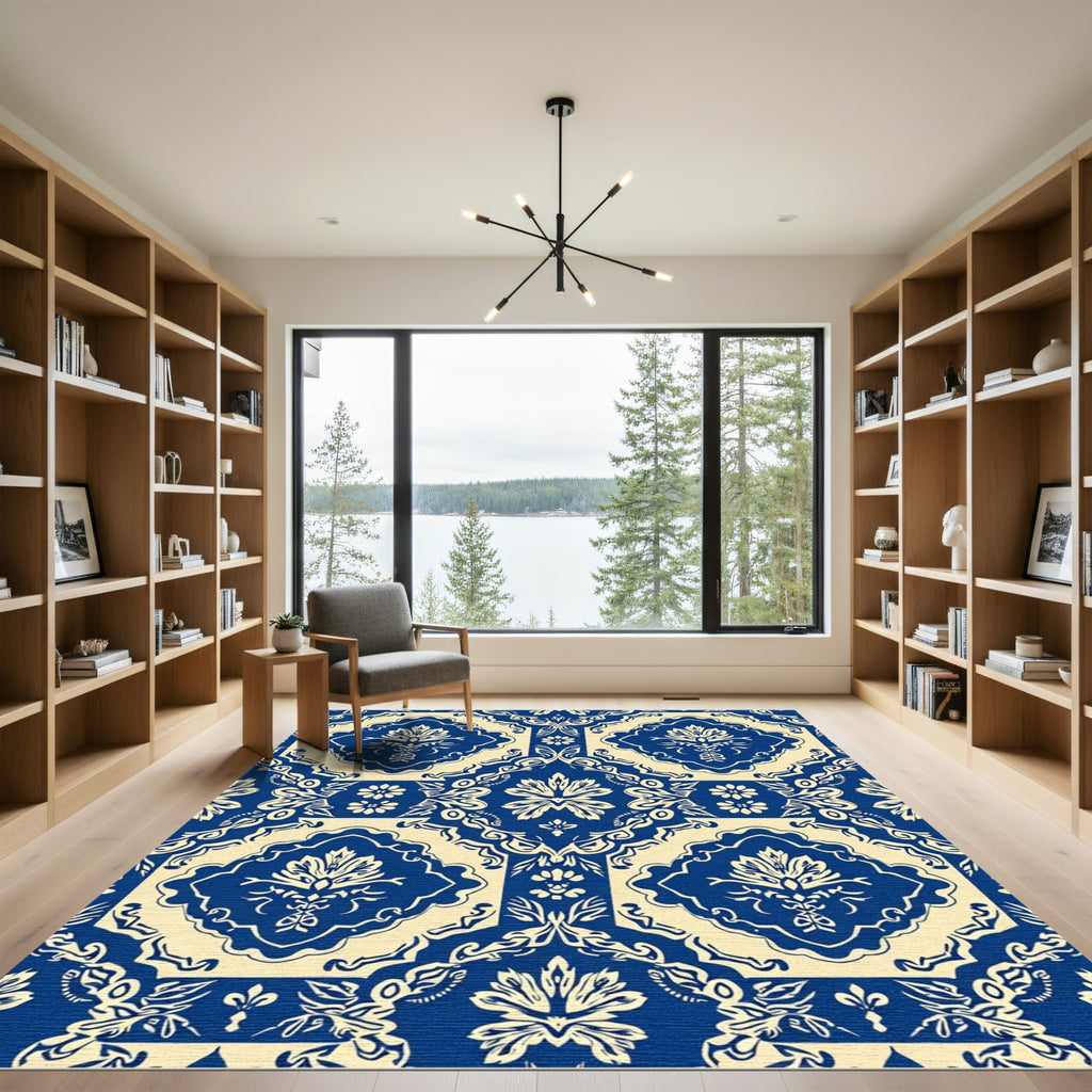 Blue Cream Damask Floral Medallion Rug