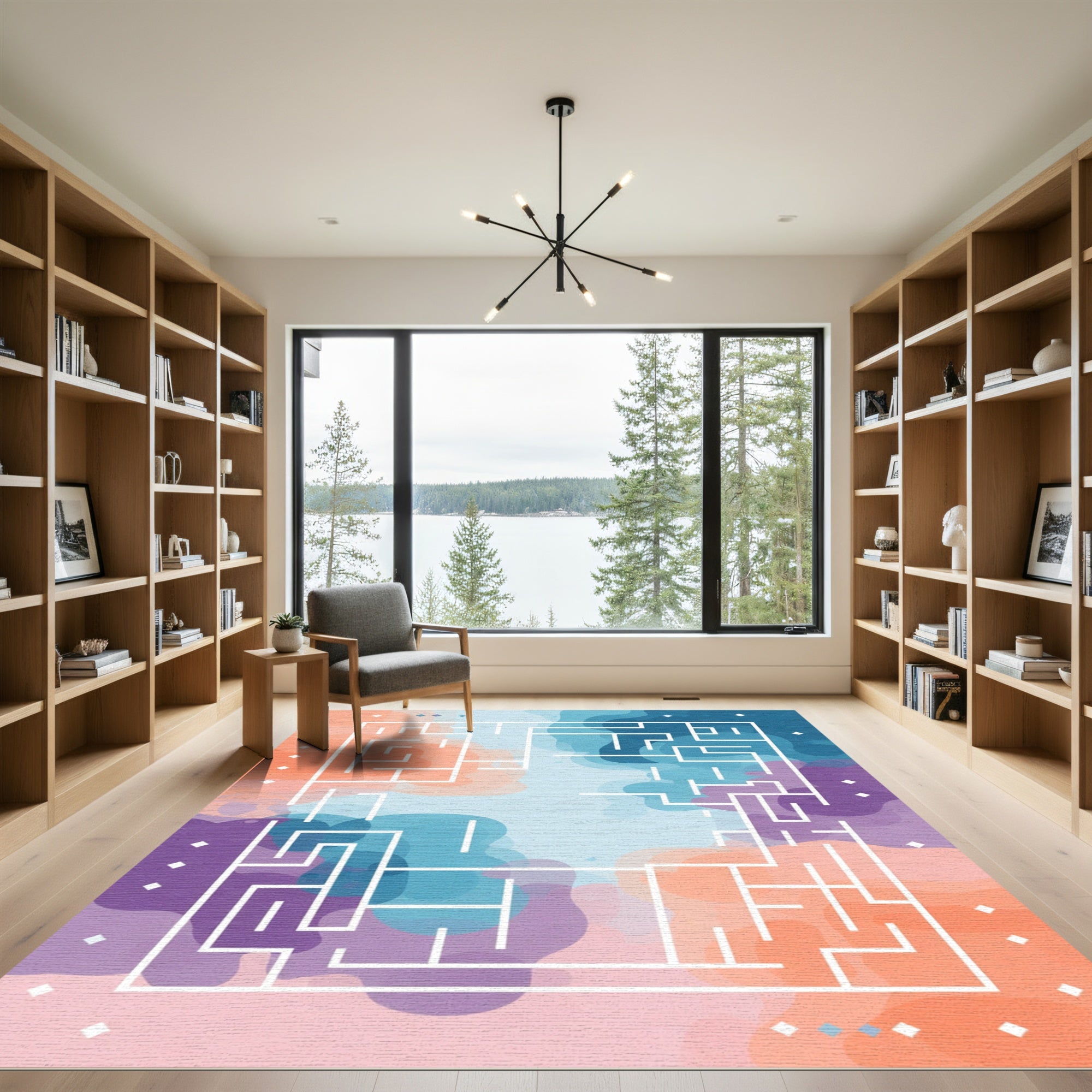 Gradient Maze Overlay Coral Blue Purple Rug