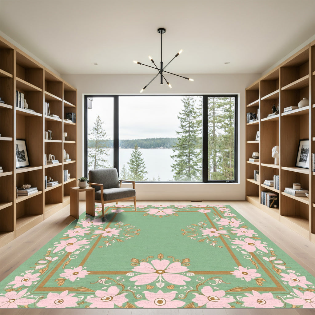 Pastel Pink Floral Border Green Rug