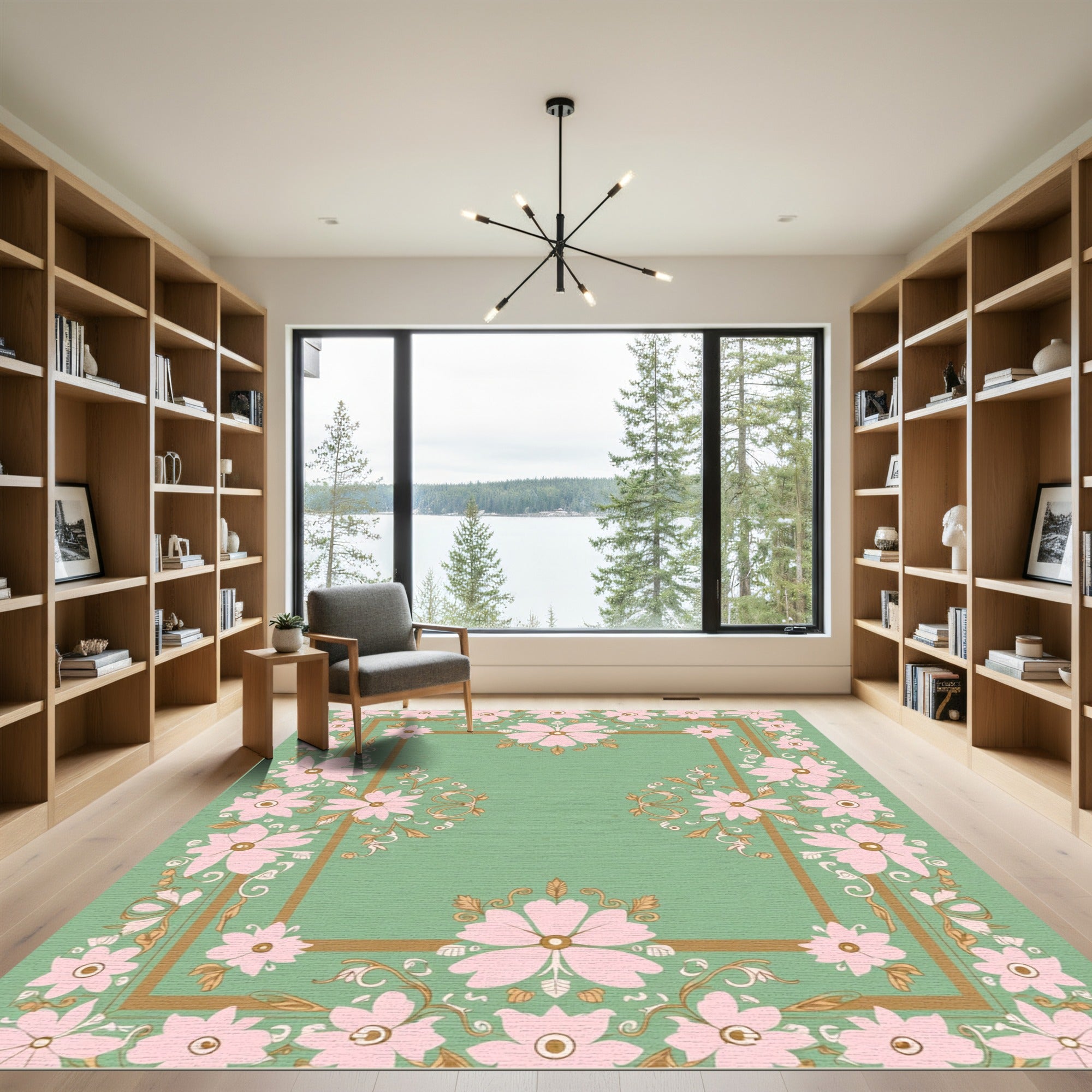 Pastel Pink Floral Border Green Rug