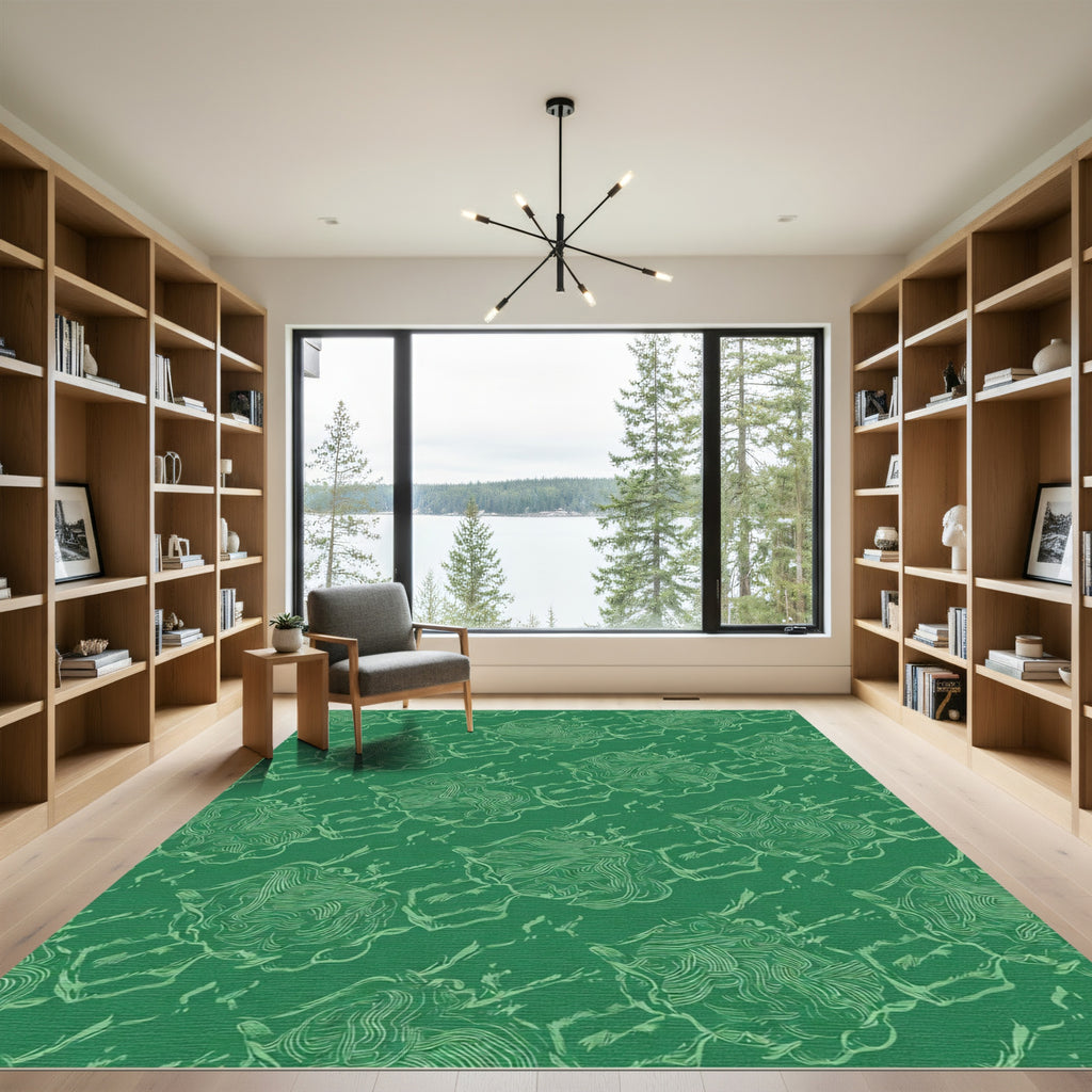 Green White Abstract Botanical Swirl Rug