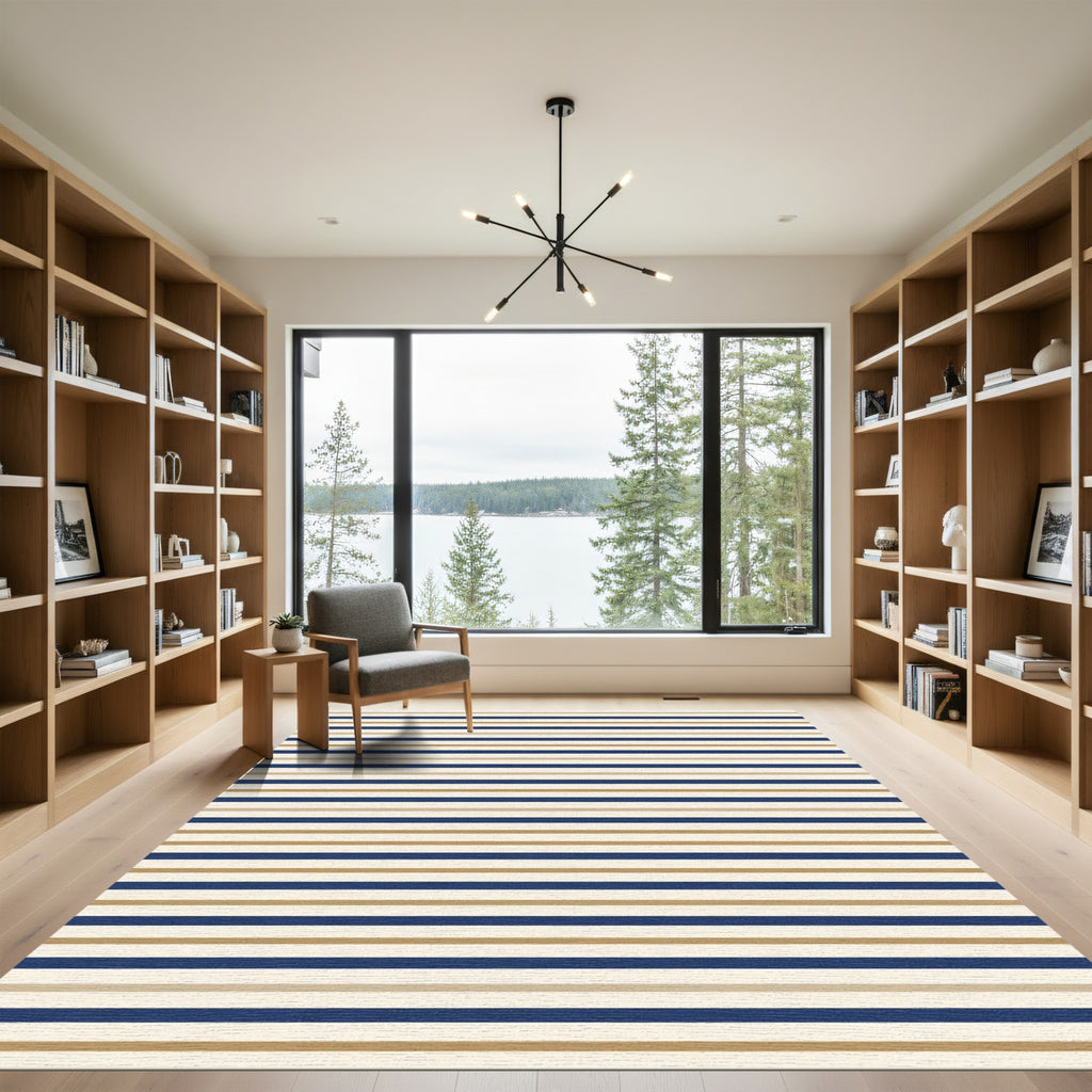 Navy Gold Cream Horizontal Stripe Compositions Rug