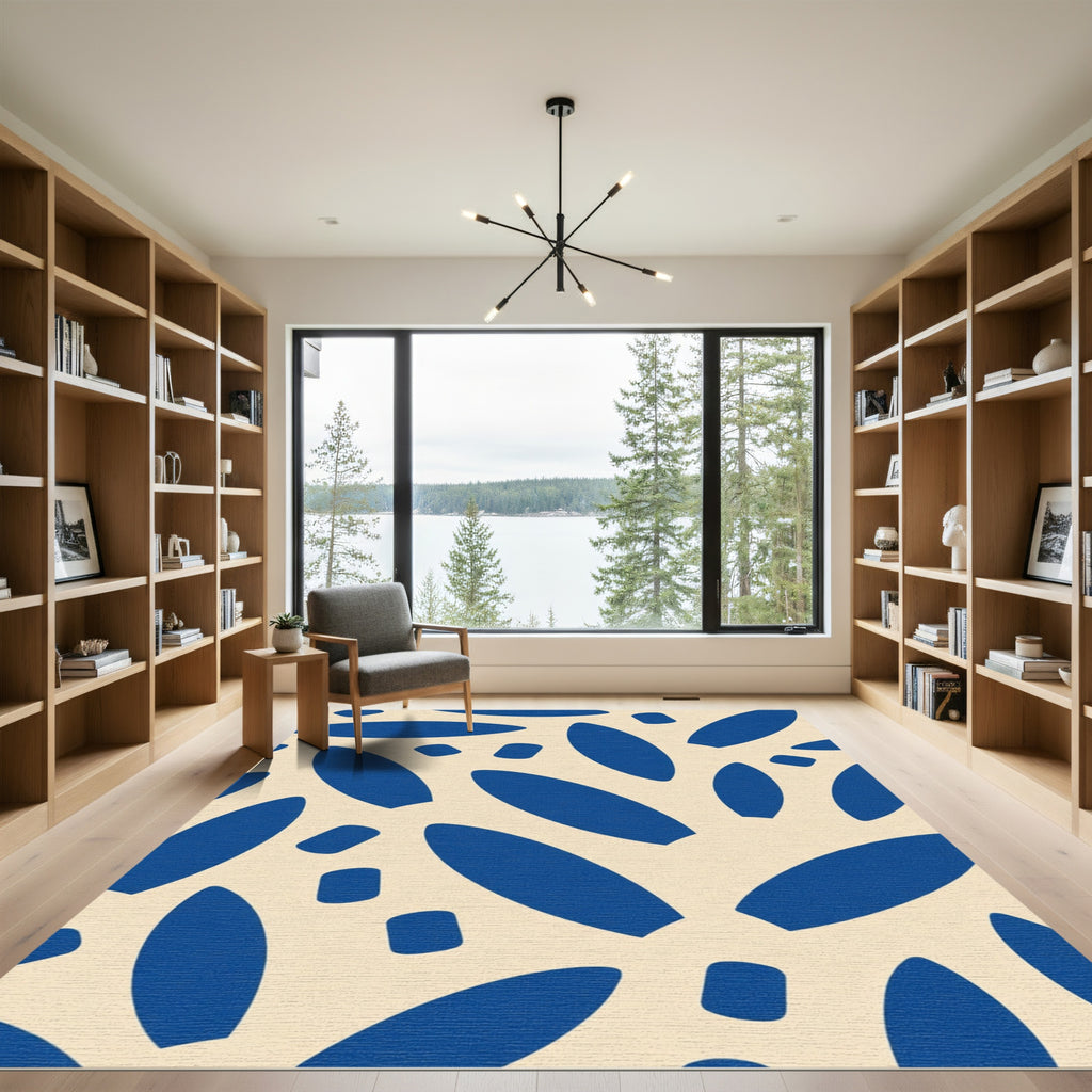 Deep Blue Abstract Leaf Shapes Rug