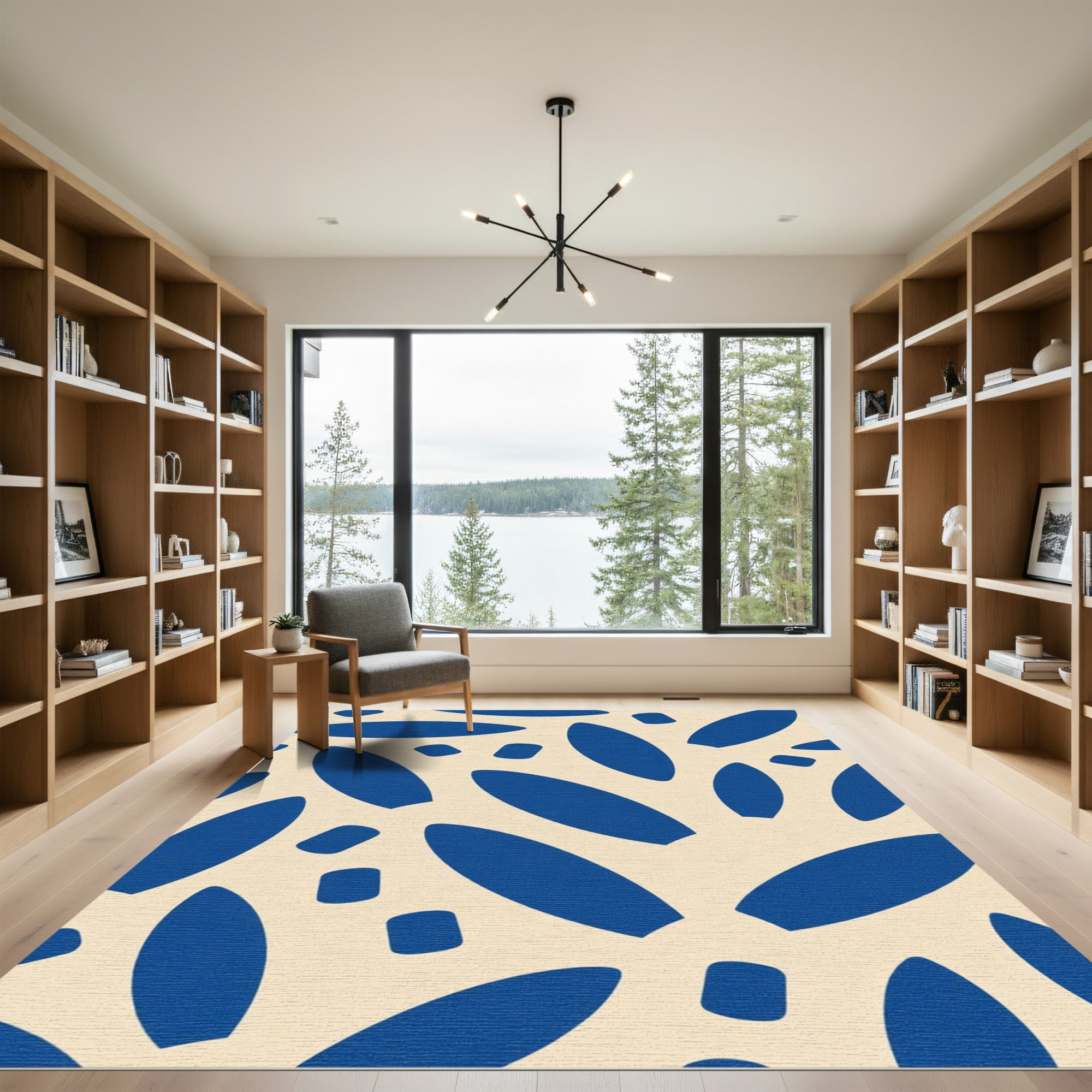 Deep Blue Abstract Leaf Shapes Rug