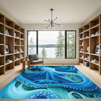 Vibrant Blue Octopus Swirling Waves Rug