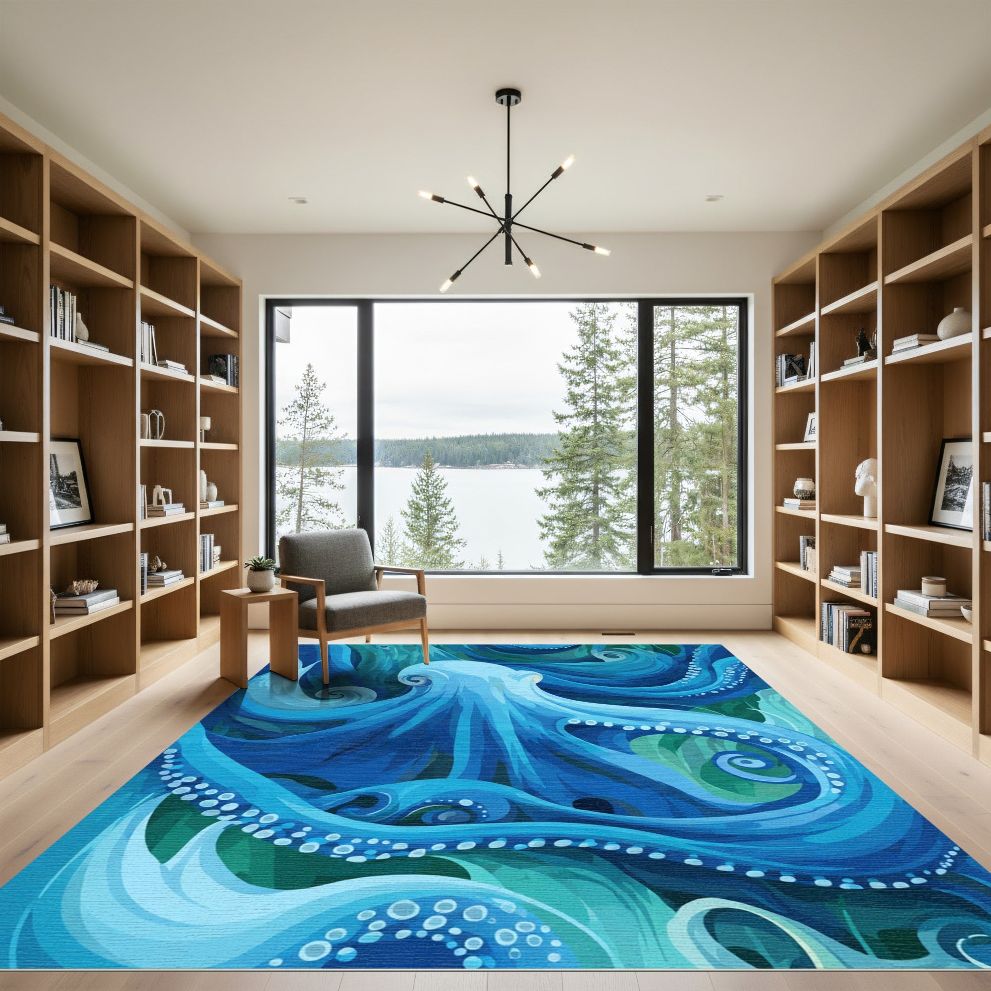 Vibrant Blue Octopus Swirling Waves Rug
