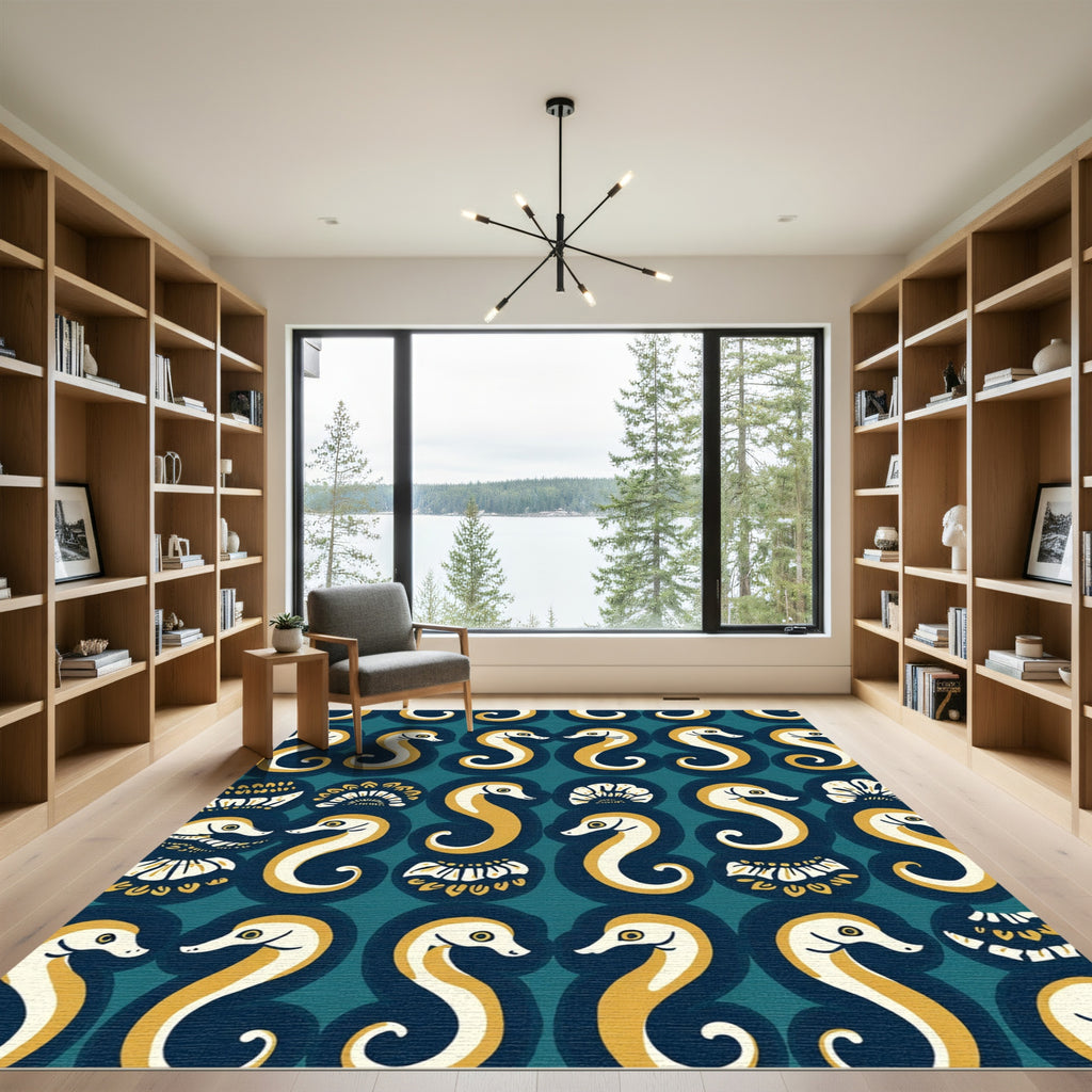 Golden Seahorse Teal Medallion Pattern Rug