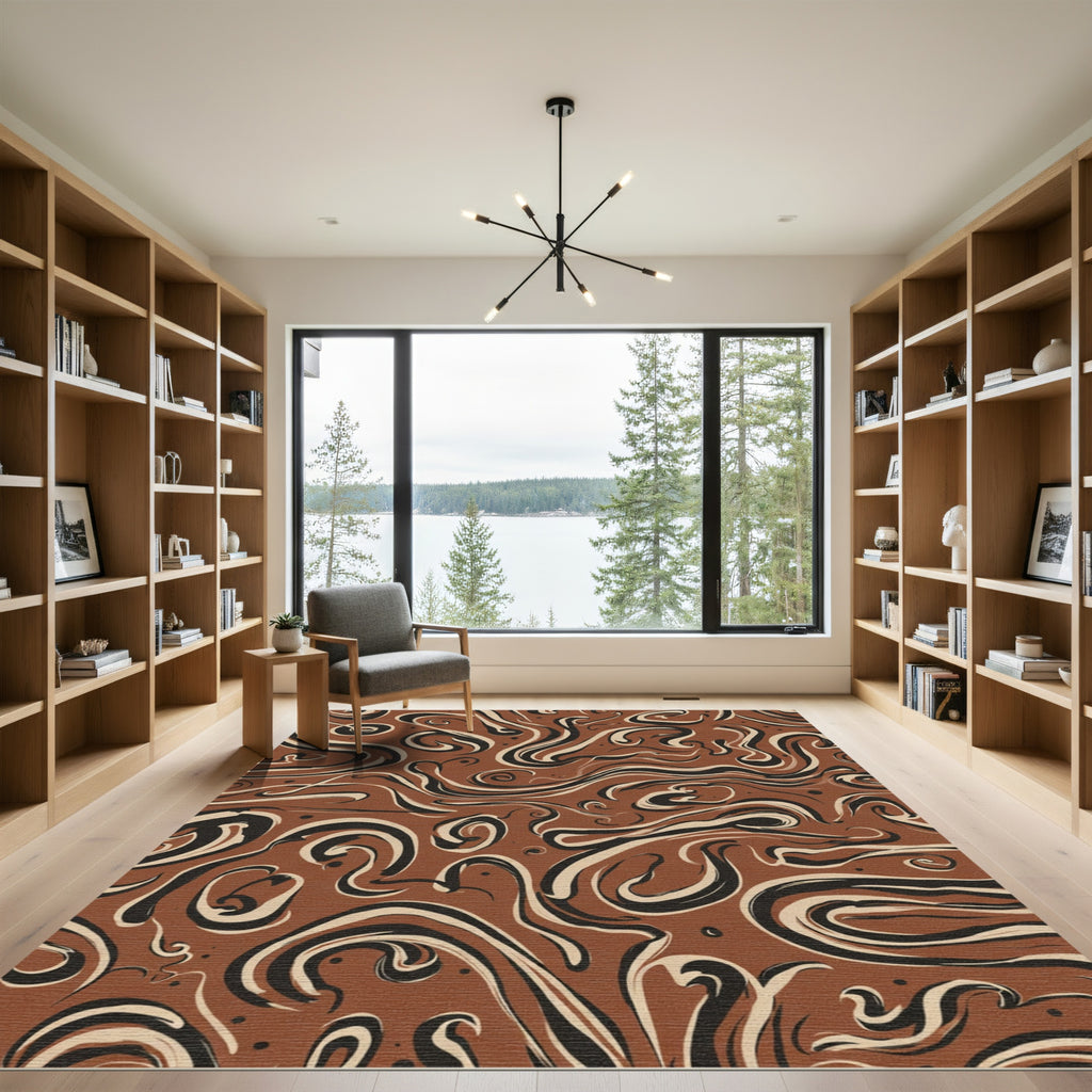 Earthy Swirls Black Cream Abstract Rug