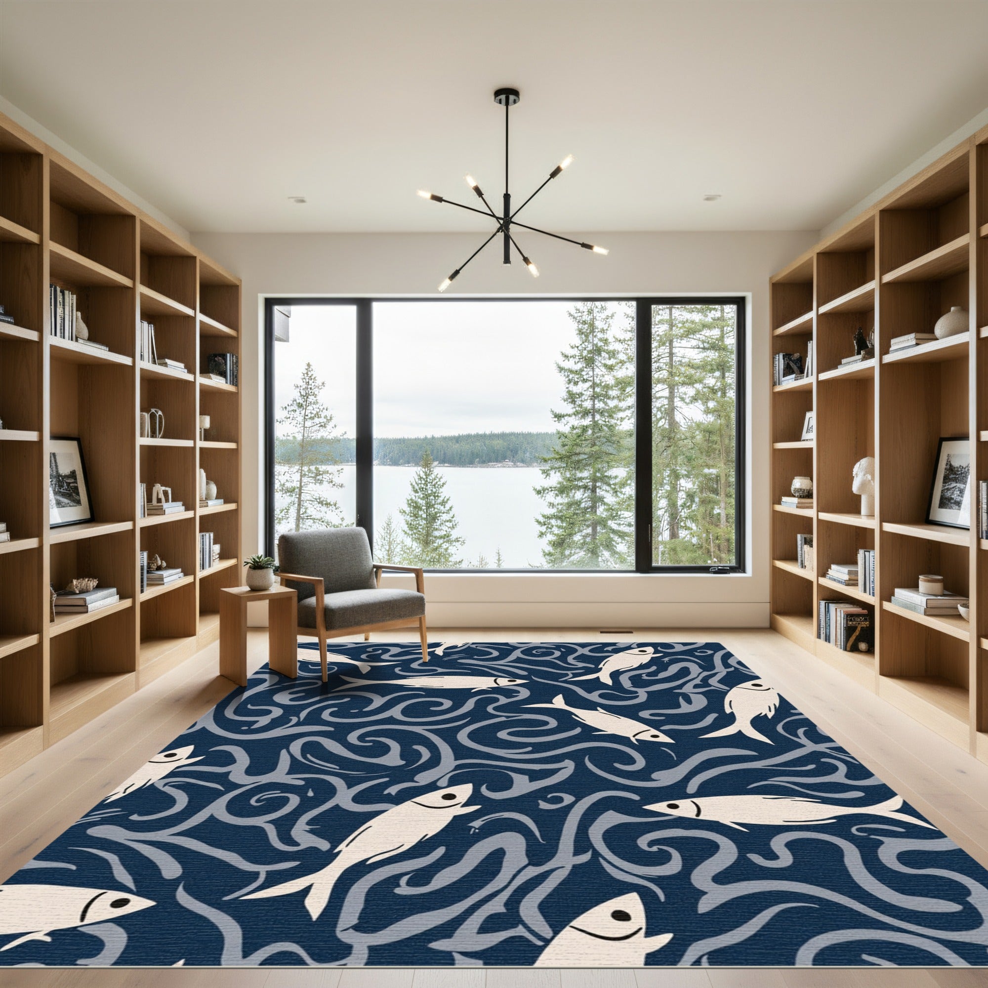 Cream Fish On Dark Blue Waves Rug