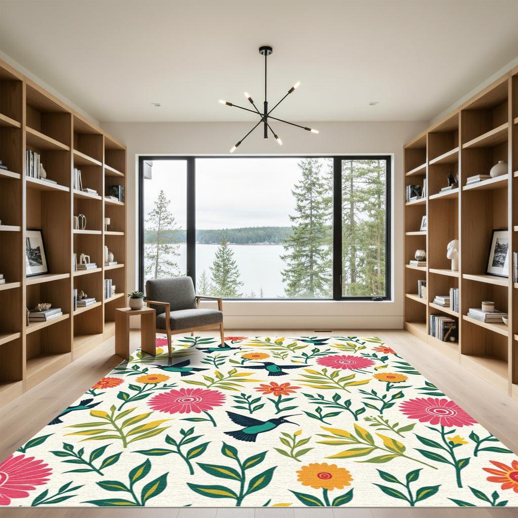 Radiant Pink Floral Teal Hummingbird Garden Rug