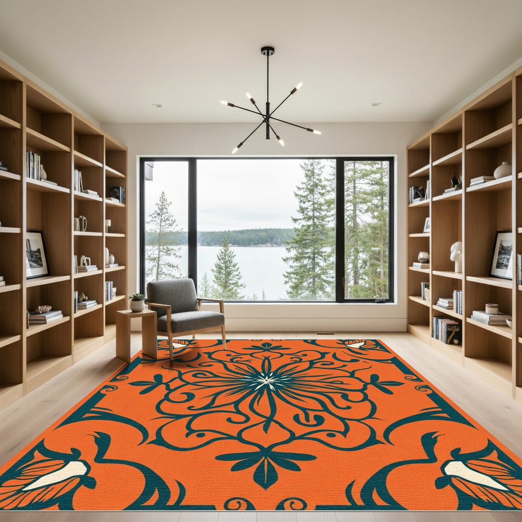 Orange Teal Floral Medallion Rug