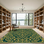 Deep Emerald Golden Ornate Scrollwork Rug