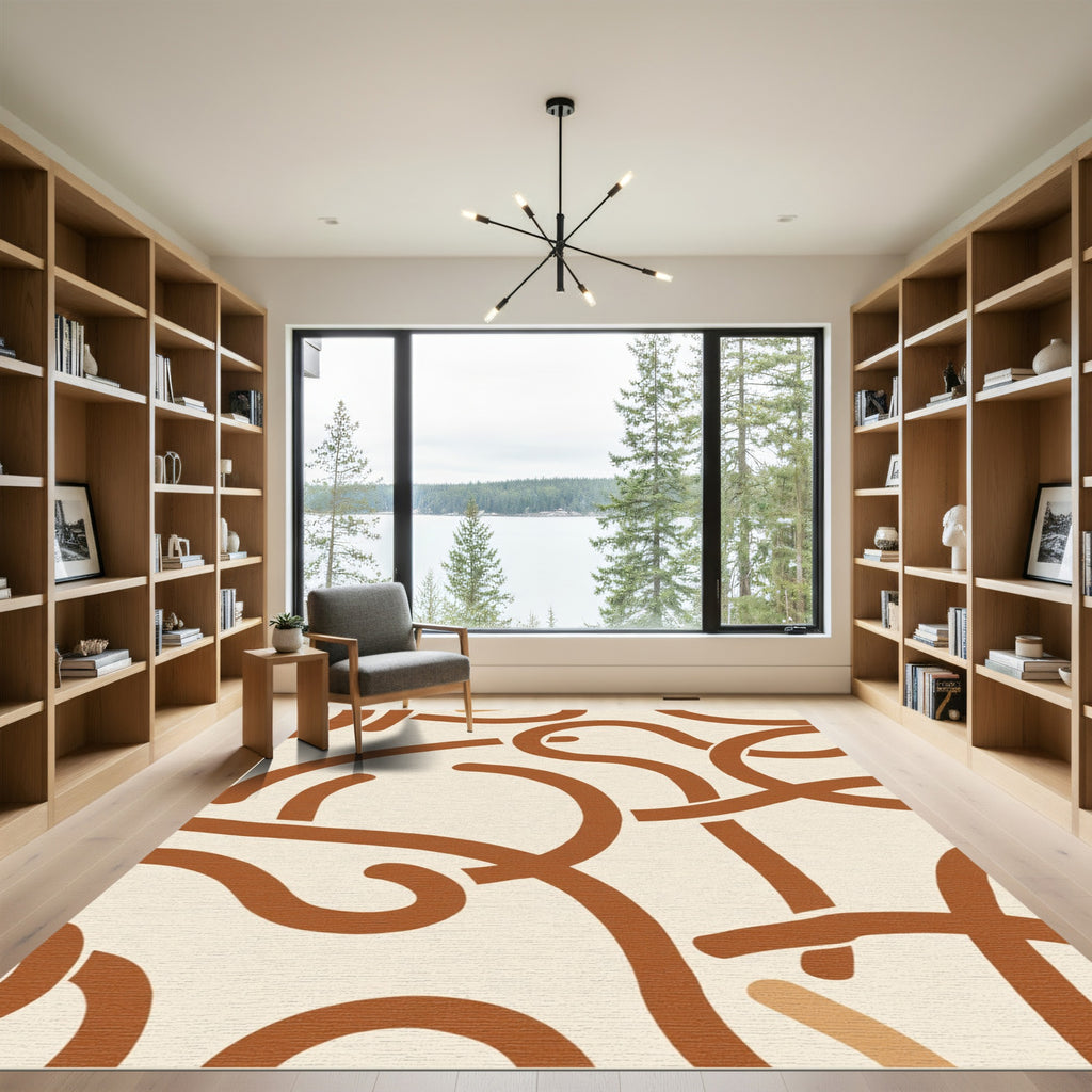 Terracotta Cream Abstract Curved Lines Rug