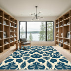 Dark Blue Tropical Leaf Medallion Rug