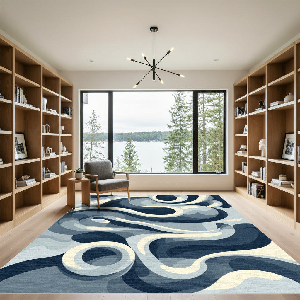 Cool Blue Swirling Abstract Rug