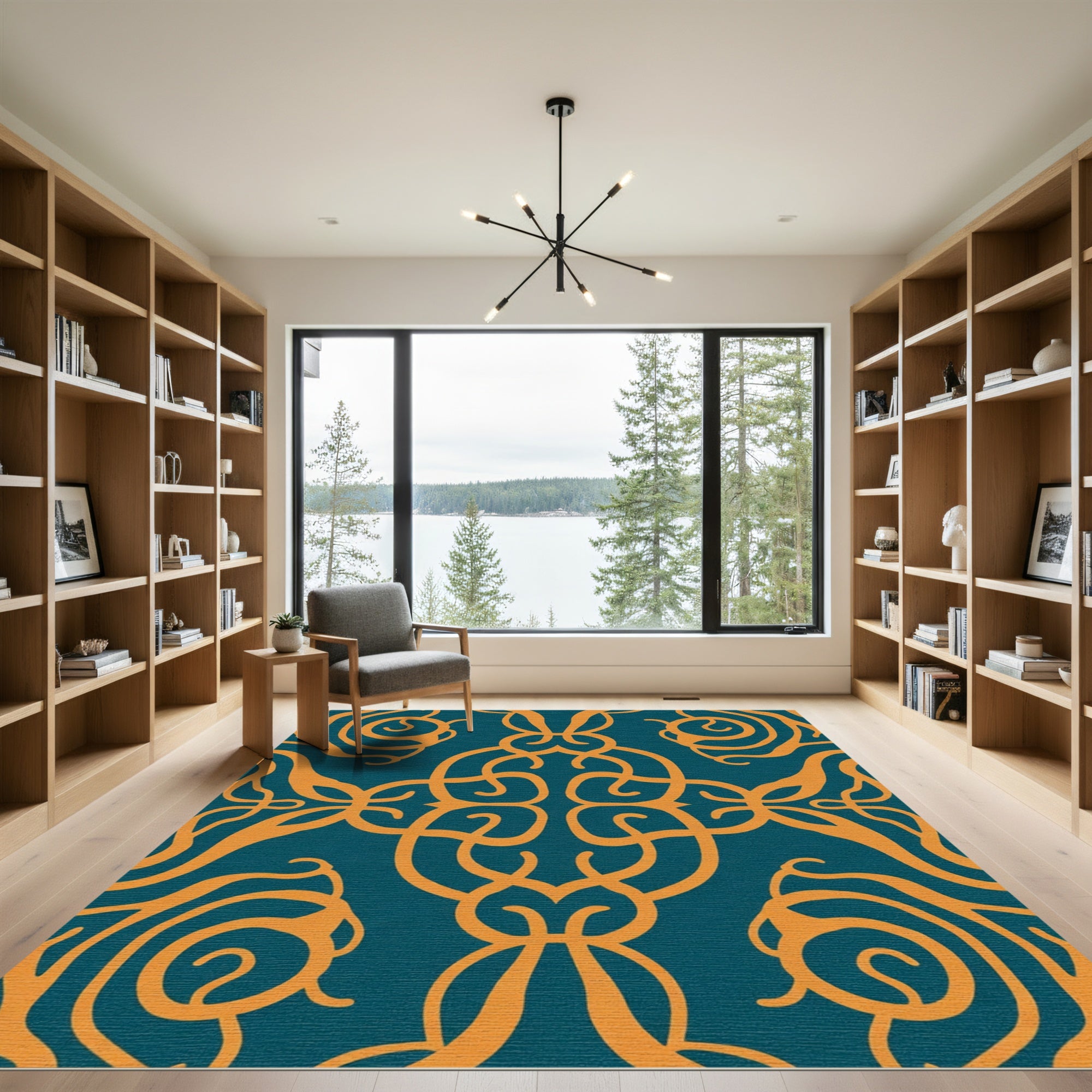 Ornate Teal Orange Interlocking Swirls Rug