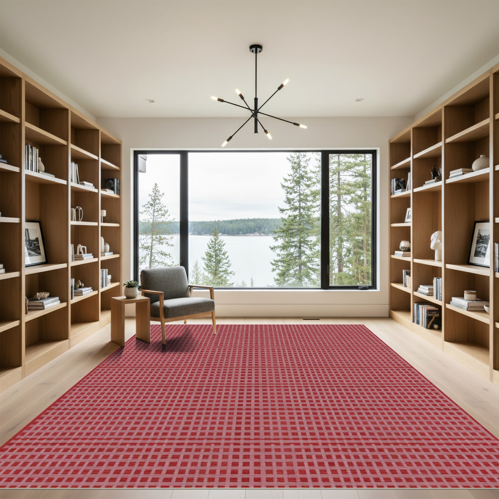 Crimson Linen Weave Grid Rug