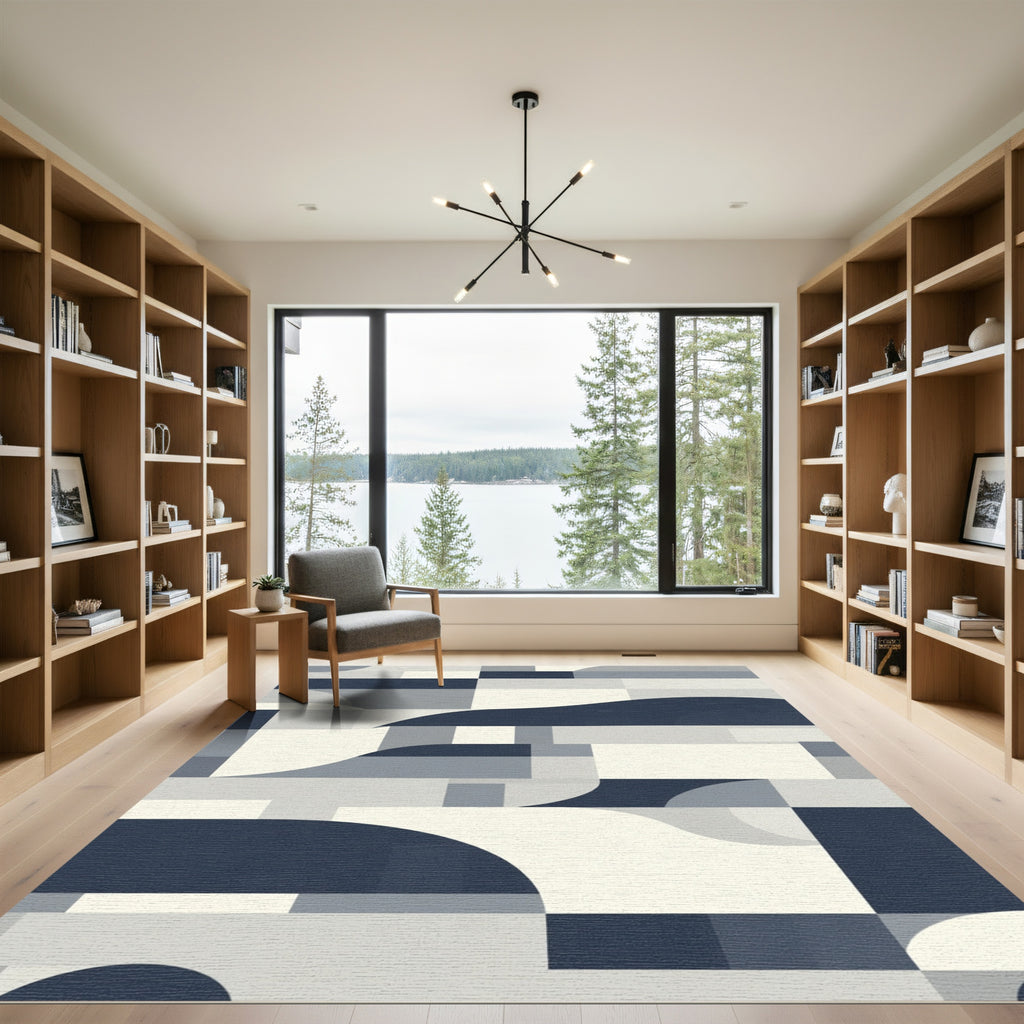 Modern Navy Geometric Abstract Waves Rug